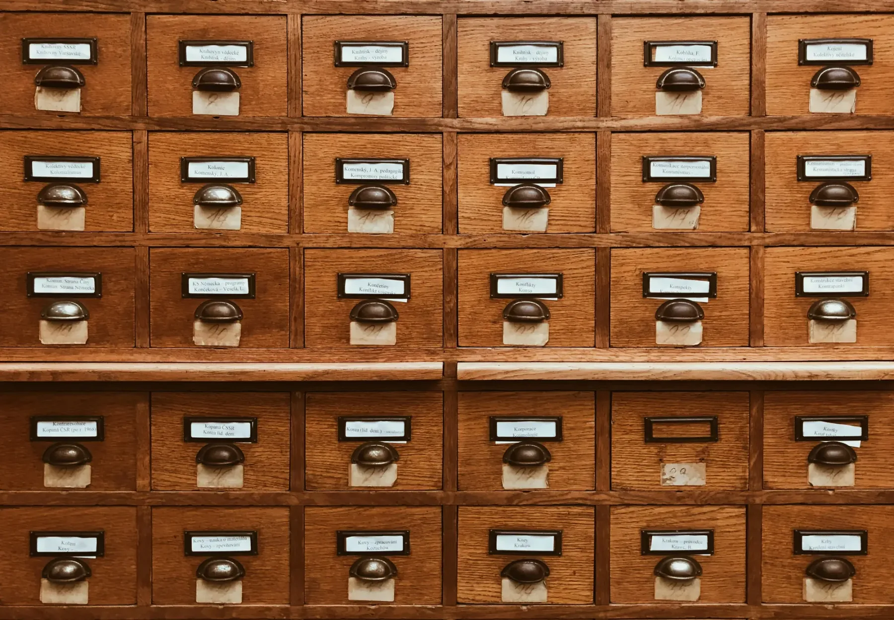 A wooden card catalog with labelled drawers, representing clear namespaces and keys for metafields